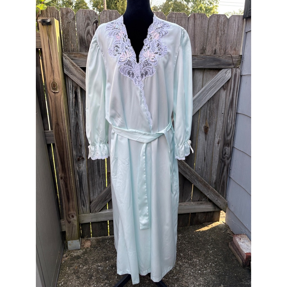 Sara Beth Vintage Baby Blue Satin Long Robe Lace Floral Embroidery Pearl Trim